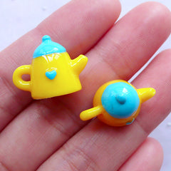 Kawaii Tea Kettle Charms in 3D | Cute Miniature Tableware | Decoden Cabochons | Whimsical Jewelry Making (2pcs / Blue & Yellow / 19mm x 15mm)