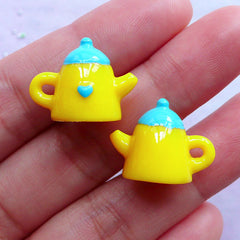 Kawaii Tea Kettle Charms in 3D | Cute Miniature Tableware | Decoden Cabochons | Whimsical Jewelry Making (2pcs / Blue & Yellow / 19mm x 15mm)