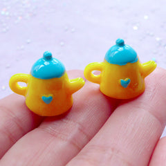 Kawaii Tea Kettle Charms in 3D | Cute Miniature Tableware | Decoden Cabochons | Whimsical Jewelry Making (2pcs / Blue & Yellow / 19mm x 15mm)