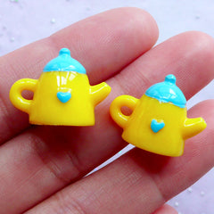 Kawaii Tea Kettle Charms in 3D | Cute Miniature Tableware | Decoden Cabochons | Whimsical Jewelry Making (2pcs / Blue & Yellow / 19mm x 15mm)