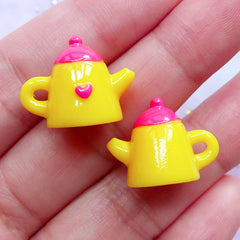 3D Tea Kettle Charms | Miniature Teapot | Kawaii Afternoon Tea Cabochons | Novelty Jewellery DIY (2pcs / Pink & Yellow / 19mm x 15mm)