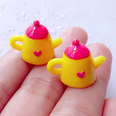 3D Tea Kettle Charms | Miniature Teapot | Kawaii Afternoon Tea Cabochons | Novelty Jewellery DIY (2pcs / Pink & Yellow / 19mm x 15mm)