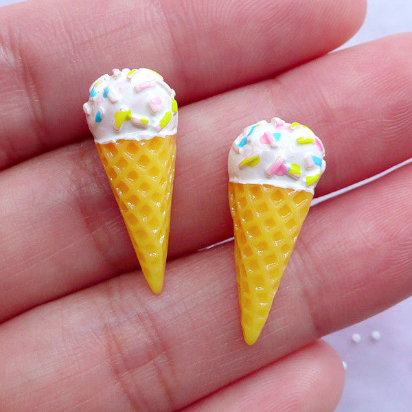 Kawaii Ice Cream Cabochons | Vanilla Icecream with Sprinkles | Decoden Miniature Sweets Cabochon | Resin Pieces (2pcs / 9mm x 23mm)