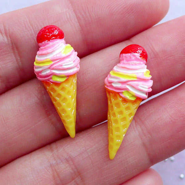 CLEARANCE Decoden Cabochon Supplies | Miniature Ice Cream Cabochons | Strawberry Icecream Cabochon | Kawaii Resin Pieces (2pcs / 10mm x 25mm)