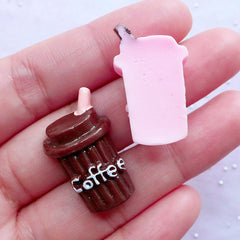 Kawaii Cabochon Supplies | Takeaway Coffee Cup with Straw Cabochons | Resin Decoden Pieces (2pcs / Pink & Brown / 16mm x 27mm)