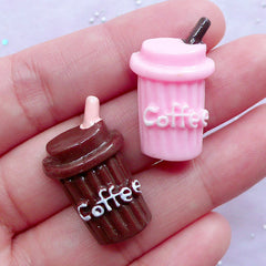 Kawaii Cabochon Supplies | Takeaway Coffee Cup with Straw Cabochons | Resin Decoden Pieces (2pcs / Pink & Brown / 16mm x 27mm)