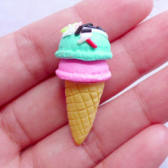 Polymer Clay Ice Cream Cabochons | 2 Scoops Icecream Cabochon in 3D | Kawaii Fimo Decoden Pieces | Fake Sweets Jewelry Making (1 piece / Mint & Strawberry / 15mm x 37mm)