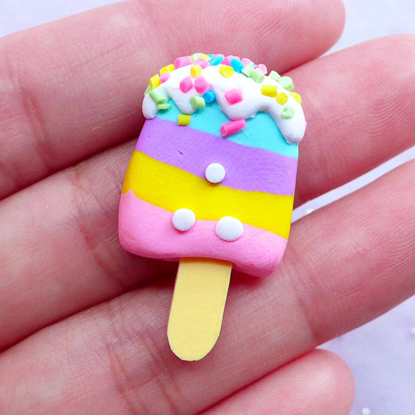B GRADE Striped Ice Pop Cabochons | Polymer Clay Popsicle with Toppings | Decoden Supplies | Kawaii Sweets Deco (1 piece / Blue, Purple, Yellow & Pink / 18mm x 32mm)