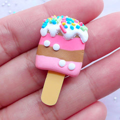 DEFECT Striped Popsicle Cabochons | Polymer Clay Ice Pop with Toppings | Kawaii Sweets Supplies | Fimo Food Jewelry (1 piece / Chocolate & Strawberry / 18mm x 32mm)
