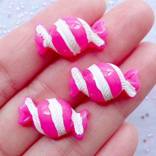 CLEARANCE Candy Cabochons | Kawaii Sweets Deco Supplies | Decoden Phone Case | Resin Food Cabochon | Novelty Jewellery DIY | Cute Planner Paper Clip Making (3pcs / Dark Pink / 11mm x 20mm / Flat Back)
