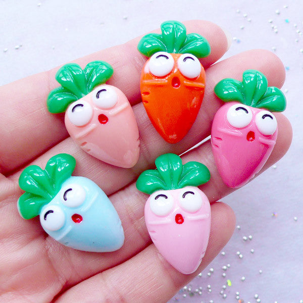 CLEARANCE Kawaii Carrot Cabochons with Happy Face | Vegetable Cabochon | Fake Food Embellishments | Cute Planner Paper Clip Making | Decoden Supplies | Scrapbooking | Card Making (5pcs / Mix / 17mm x 28mm / Flat Back)