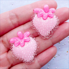 Resin Strawberry Cabochons | Kawaii Fruit Flatback Cabochon | Baby Hair Bow Centers | Cute Embellishment | Bling Decoden Pieces (2 pcs / 25mm x 29mm / Pink)