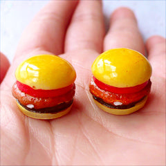 Dollhouse Hamburger Cabochons | 3D Miniature Burger Cabochon | Doll Food Cabochon | Fast Food Embellishments | Decoden Resin Pieces | Kawaii Kitsch Craft Supplies (2 pcs / 17mm x 14mm / Flat Back)