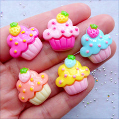 Pastel Cupcake Cabochon Assortment | Kawaii Sweets Cabochons | Hair Bow Centers | Cute Decoden Pieces | Cell Phone Case Deco (5 pcs / Assorted Mix / 20mm x 22mm / Flat Back)