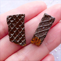 Bitten Chocolate Wafer Cabochons | Miniature Waffle Cookie Cabochon | Sweets Deco Cabochon | Fake Food Embellishment | Kawaii Phone Case | Resin Decoden Pieces (2 pcs / Dark Brown / 12mm x 21mm / Double Sided)