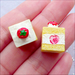 Strawberry Sponge Cake Cabochons in Cube Shape | Miniature Sweets Cabochon in 3D | Dollhouse Food Crafts | Mini Dessert Jewellery Making | Sweet Decoden Supplies | Kawaii Resin Pieces (2 pcs / White / 12mm x 18mm / Flat Back)