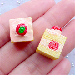 Fake Dessert Cabochon | Miniature Cake Cabochons | 3D Strawberry Sponge Cake in Cube Shape | Dollhouse Sweets Supplies | Kawaii Sweet Deco | Decoden Pieces | Mini Food Jewelry (2 pcs / Pink / 12mm x 18mm / Flat Back)