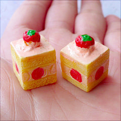Fake Dessert Cabochon | Miniature Cake Cabochons | 3D Strawberry Sponge Cake in Cube Shape | Dollhouse Sweets Supplies | Kawaii Sweet Deco | Decoden Pieces | Mini Food Jewelry (2 pcs / Pink / 12mm x 18mm / Flat Back)