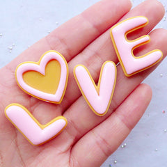 Love Sugar Cookie Cabochons | Fake Sweets Cabochon | Alphabet Biscuit Cabochon | Faux Food Jewelry | Sweet Deco Supplies | Wedding Supplies | Valentines Day Decor | Kawaii Resin Decoden Pieces (4pcs / Flat Back)