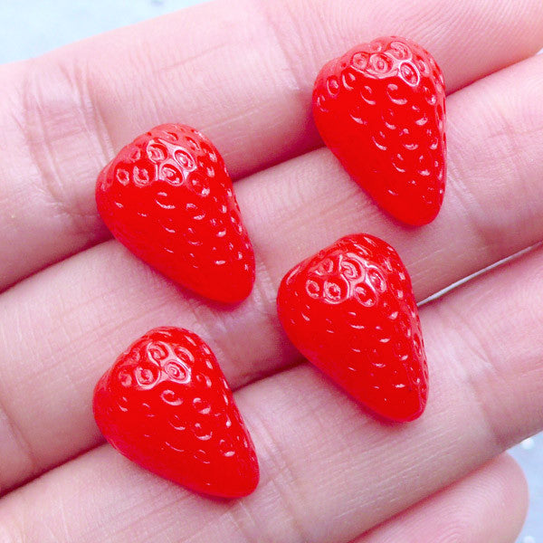 Mini Strawberry Cabochons | Kawaii Fruit Cabochon | Decoden Resin Pieces | Fake Food Jewelry Supplies (4pcs / Red / 10mm x 14mm / Flatback)