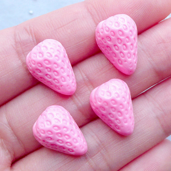 CLEARANCE Miniature Strawberry Cabochons | Dollhouse Food Cabochon | Kawaii Decoden Pieces | Fake Fruit Embellishments (4pcs / Pink / 10mm x 14mm / Flatback)