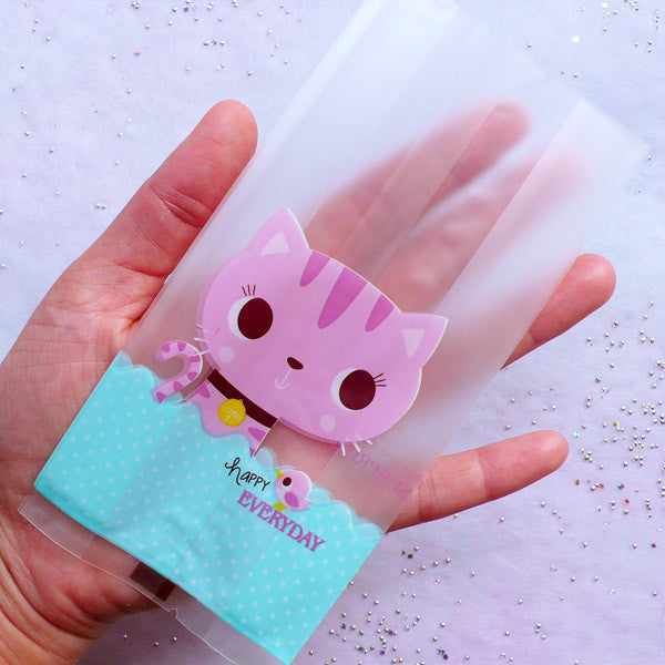 Little Gift Bags with Kawaii Cat Drawing | Plastic Packaging Bags | Cute Animal Cello Bags | Party Supplies | Baby Shower Favor Bags (20pcs / 7cm x 15cm)