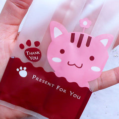 Kawaii Animal Gift Bags | Small Cello Bag with Cute Kitty Drawing | Baby Shower Party Supplies | Candy Favor Bags | Plastic Packaging Bag Supplies (20pcs / 7cm x 15cm)