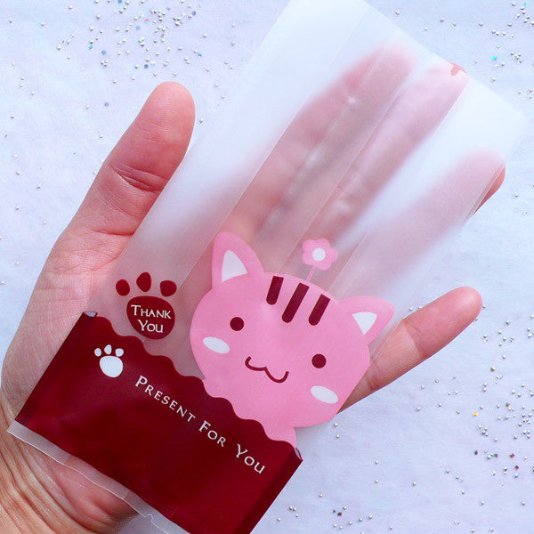 Kawaii Animal Gift Bags | Small Cello Bag with Cute Kitty Drawing | Baby Shower Party Supplies | Candy Favor Bags | Plastic Packaging Bag Supplies (20pcs / 7cm x 15cm)