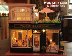 Dollhouse Paris Coffee & Cake Shop with Music Box and LED Light | Miniature Cafe Kit with Furniture in 1:24 Scale | Doll House Craft
