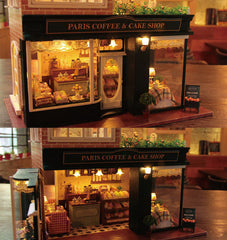 Dollhouse Paris Coffee & Cake Shop with Music Box and LED Light | Miniature Cafe Kit with Furniture in 1:24 Scale | Doll House Craft