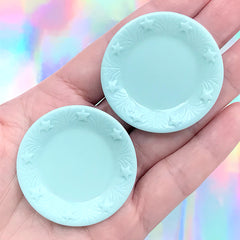 Dollhouse Round Plate Cabochon w/ Decorative Border (41mm / 2pcs / Blue / Flat Back) Miniature Food Small Plate Kawaii Kitsch Jewellery MC34