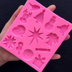 Christmas Assortment Silicone Mold (13 Cavity) | Santa Claus Christmas Tree Reindeer Snowman Angel Bell Star Snowflake Present Candy Stick Mould