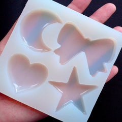 Moon Ribbon Heart & Star Flexible Mould (4 Cavity) | Kawaii Silicone Mold | Resin Jewellery Making | Decoden Resin Molds