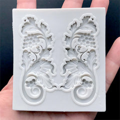 Baroque Leaf Scroll and Grape Silicone Mold (2 Cavity) | Rococo Ornament Mould | Victorian Decorative Embellishment DIY (26mm x 63mm)