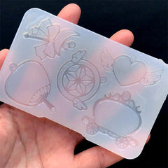 Kawaii Open Bezel Silicone Mold (5 Cavity) | Magic Wand Magical Girl Winged Heart Star with Wing Pumpkin Carriage Hand Fan