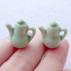 Miniature Ceramic Teapot | Dollhouse Pottery Tea Pot | Doll House Porcelain Tableware Supplies (2 pcs / Green / 17mm x 18mm)