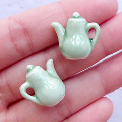 Miniature Ceramic Teapot | Dollhouse Pottery Tea Pot | Doll House Porcelain Tableware Supplies (2 pcs / Green / 17mm x 18mm)
