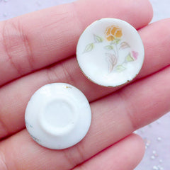 Miniature Ceramic Plate | Dollhouse White Porcelain Coffee Saucer with Floral Pattern | Mini Tea Saucers | Doll House Pottery Tableware | Mini Food Jewellery DIY (2 pcs / 19mm)