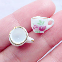 Dollhouse Porcelain Coffee Cups with Floral Pattern | Miniature Ceramic Tea Cup | Victorian Doll House Tableware | Lolita Jewellery Making (2 pcs / 9mm x 8mm)