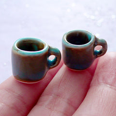 Dollhouse Pottery Coffee Mugs | Miniature Porcelain Coffee Mug | Mini Ceramic Tableware | Doll House Food Crafts (2 pcs / Blue with Turquoise / 13mm x 13mm)