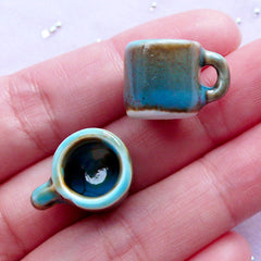 Dollhouse Pottery Coffee Mugs | Miniature Porcelain Coffee Mug | Mini Ceramic Tableware | Doll House Food Crafts (2 pcs / Blue with Turquoise / 13mm x 13mm)