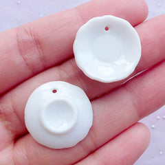 Dollhouse Ceramic Coffee Saucers | Miniature Porcelain Scalloped Plate Charms | Doll House Pottery White Tea Saucer with Hole | Mini Food Jewellery DIY (2 pcs / 20mm)