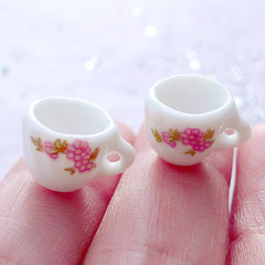 Miniature Porcelain Tea Cups with Flower Pattern | Doll House Ceramic Coffee Cup | Dollhouse Pottery Tableware | Mini Food Jewelry Making (2 pcs / 11mm x 9mm)