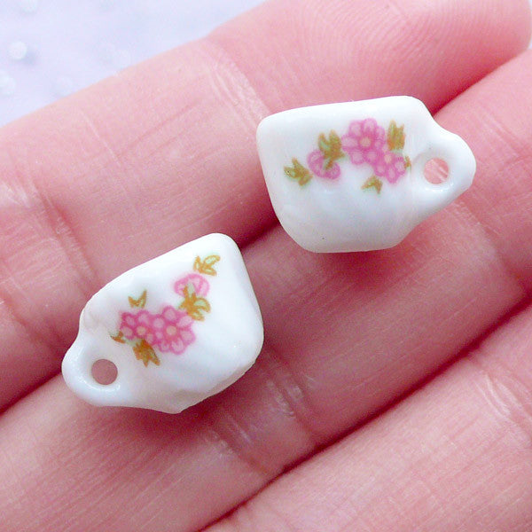 Miniature Porcelain Tea Cups with Flower Pattern | Doll House Ceramic Coffee Cup | Dollhouse Pottery Tableware | Mini Food Jewelry Making (2 pcs / 11mm x 9mm)