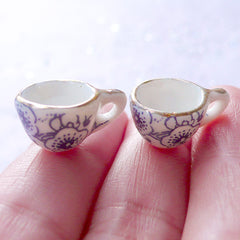 Dollhouse Ceramic Tea Cups with Floral Pattern | Miniature Porcelain Coffee Cup | Doll House China Tableware | Mini Doll Food Jewelry DIY (2 pcs / White, Blue & Gold / 13mm x 9mm)