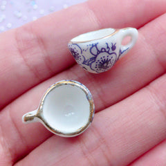 Dollhouse Ceramic Tea Cups with Floral Pattern | Miniature Porcelain Coffee Cup | Doll House China Tableware | Mini Doll Food Jewelry DIY (2 pcs / White, Blue & Gold / 13mm x 9mm)