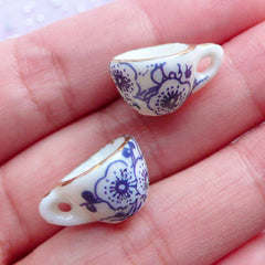 Dollhouse Ceramic Tea Cups with Floral Pattern | Miniature Porcelain Coffee Cup | Doll House China Tableware | Mini Doll Food Jewelry DIY (2 pcs / White, Blue & Gold / 13mm x 9mm)