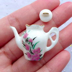 Doll House Ceramic Teapot Vase with Flower Pattern | Miniature Pottery Tableware | Dollhouse Porcelain Tea Pot (1 Piece / 35mm x 29mm)