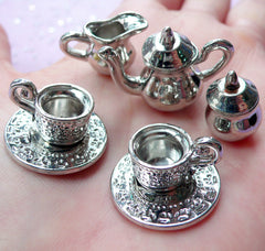 Dollhouse Silver Tea Set | Miniature Coffee Set | Doll House Tableware