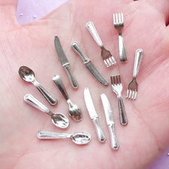 Miniature Silver Cutlery | Dollhouse Spoon, Fork & Knife | Doll House Silverware (Set of 12pcs)